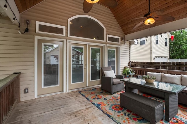 2521 High School Dr, Saint Louis, MO 63144 - wooden deck featuring outdoor lounge area, ceiling fan, and fence