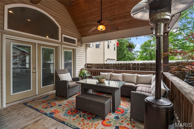 2521 High School Dr, Saint Louis, MO 63144 - wooden terrace featuring an outdoor living space, fence, and a ceiling fan