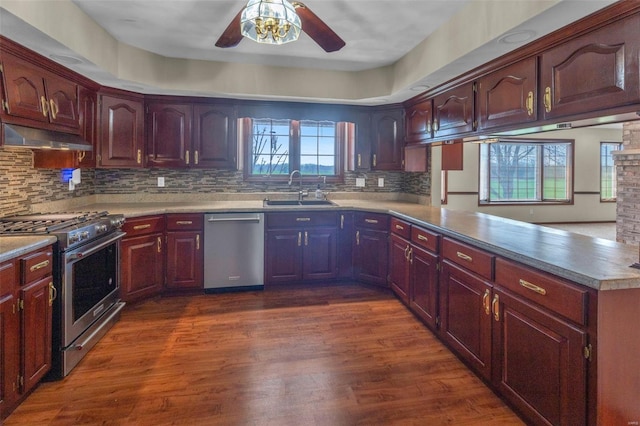 8620 State Route 163, Belleville, IL 62223 - kitchen featuring stainless steel appliances, a sink, a ceiling fan, a peninsula, and dark wood-style flooring