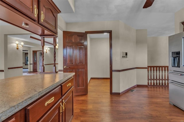 8620 State Route 163, Belleville, IL 62223 - kitchen with stainless steel fridge with ice dispenser, dark wood-style flooring, ceiling fan, and baseboards