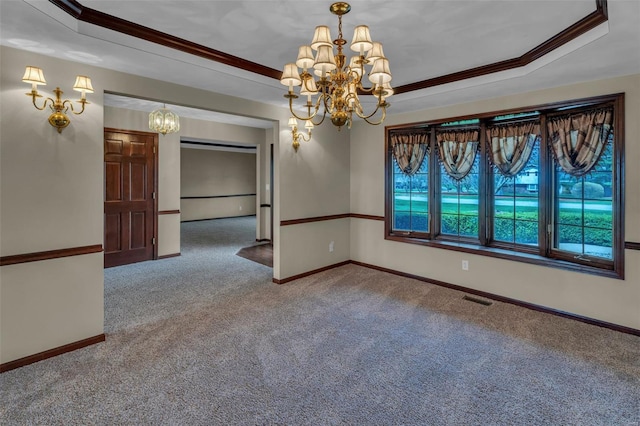 8620 State Route 163, Belleville, IL 62223 - carpeted spare room featuring a chandelier, baseboards, a raised ceiling, and crown molding