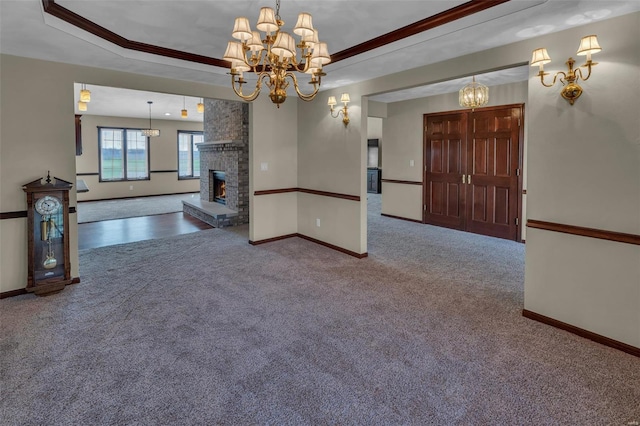 8620 State Route 163, Belleville, IL 62223 - unfurnished room featuring a chandelier, carpet, baseboards, a fireplace, and a tray ceiling