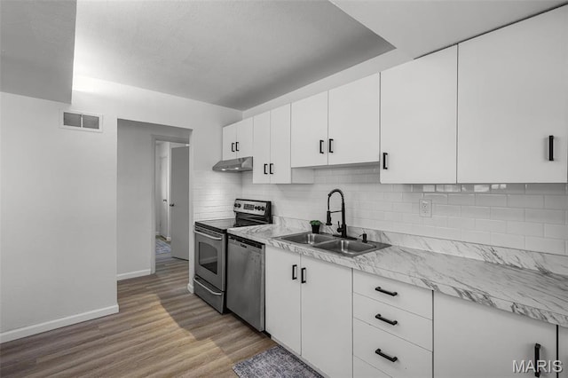 35 Florissant Park Dr, Florissant, MO 63031 - kitchen with appliances with stainless steel finishes, under cabinet range hood, a sink, decorative backsplash, and baseboards
