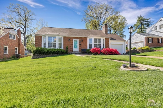 1010 Briarton Dr, Saint Louis, MO 63126 - view of front of home featuring brick siding, a front yard, a chimney, and a garage