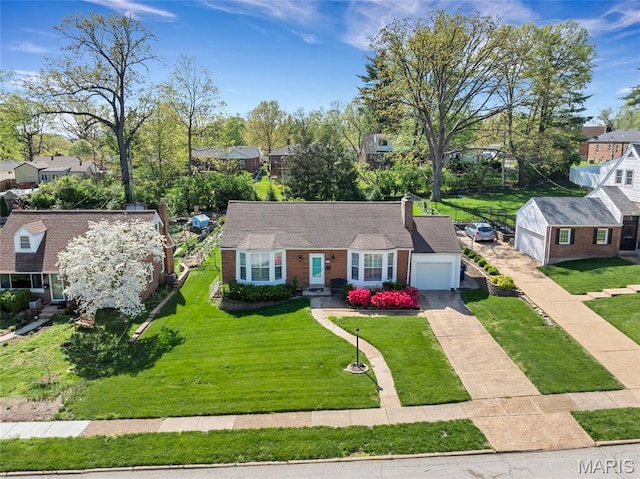 1010 Briarton Dr, Saint Louis, MO 63126 - view of front facade featuring driveway, a garage, a residential view, a front yard, and a chimney