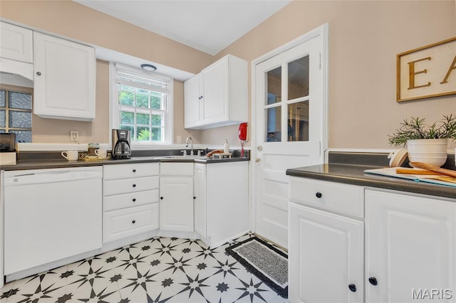 1010 Briarton Dr, Saint Louis, MO 63126 - kitchen featuring white dishwasher, light flooring, dark countertops, and white cabinetry