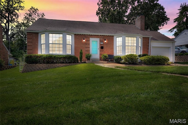 1010 Briarton Dr, Saint Louis, MO 63126 - single story home featuring a garage, brick siding, a front lawn, a chimney, and a shingled roof