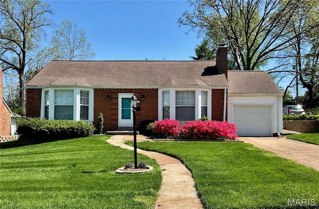 1010 Briarton Dr, Saint Louis, MO 63126 - view of front facade with a garage, concrete driveway, a front yard, and a chimney