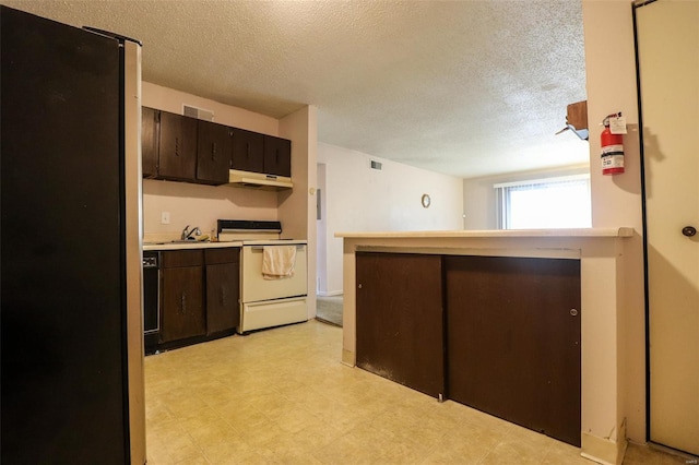 2781 Blackforest Dr Unit C, Saint Louis, MO 63129 - kitchen featuring white range with electric cooktop, under cabinet range hood, a textured ceiling, light countertops, and dark brown cabinets