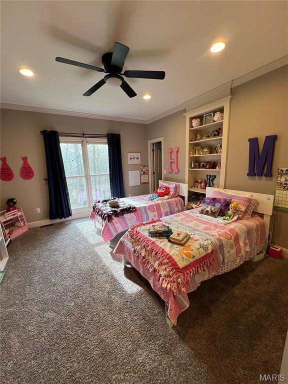 bedroom featuring baseboards, carpet flooring, crown molding, recessed lighting, and a ceiling fan
