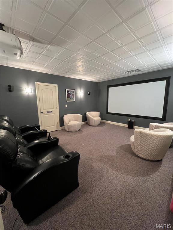 cinema with carpet flooring and baseboards