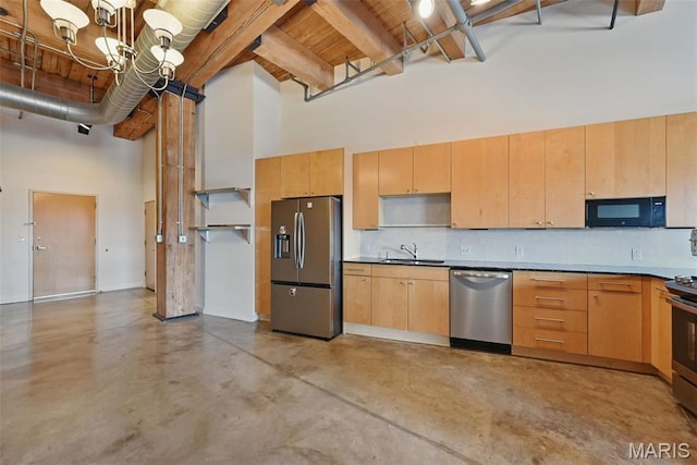 901 Washington Ave Unit 310, Saint Louis, MO 63101 - kitchen featuring stainless steel appliances, a towering ceiling, a sink, concrete flooring, and tasteful backsplash