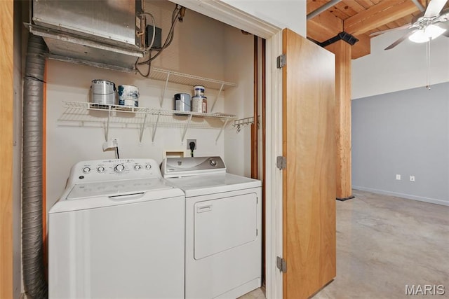 901 Washington Ave Unit 310, Saint Louis, MO 63101 - laundry room featuring independent washer and dryer, ceiling fan, and wood ceiling