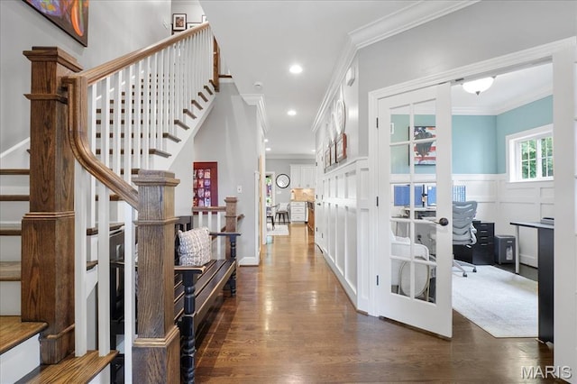 17 Denver Pl, Saint Louis, MO 63119 - foyer featuring wood finished floors, crown molding, stairway, french doors, and recessed lighting