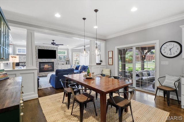 17 Denver Pl, Saint Louis, MO 63119 - dining space featuring ceiling fan, a stone fireplace, crown molding, dark wood-style flooring, and plenty of natural light