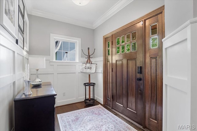 17 Denver Pl, Saint Louis, MO 63119 - foyer entrance with a decorative wall, dark wood finished floors, ornamental molding, and a wainscoted wall