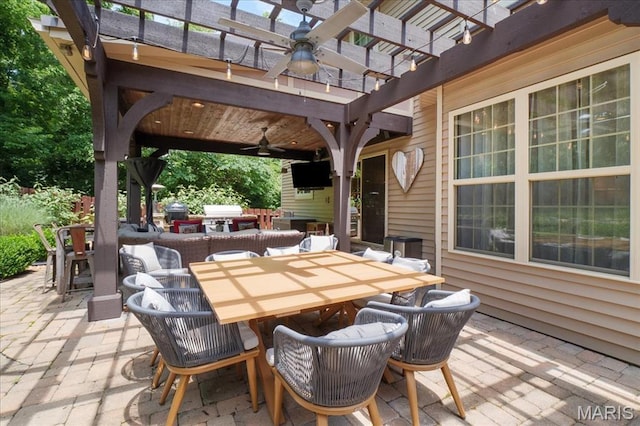17 Denver Pl, Saint Louis, MO 63119 - view of patio featuring outdoor dining space, ceiling fan, a pergola, and exterior kitchen