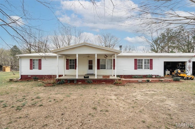 19518 State Highway Ww, Puxico, MO 63960 - view of front of home featuring a porch, ceiling fan, crawl space, and metal roof