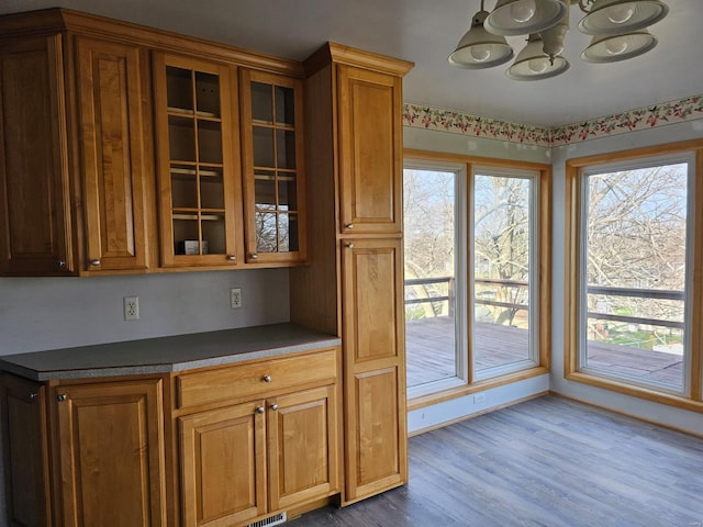 1501 S Main St, Hillsboro, IL 62049 - kitchen featuring wood finished floors, plenty of natural light, glass insert cabinets, and brown cabinetry