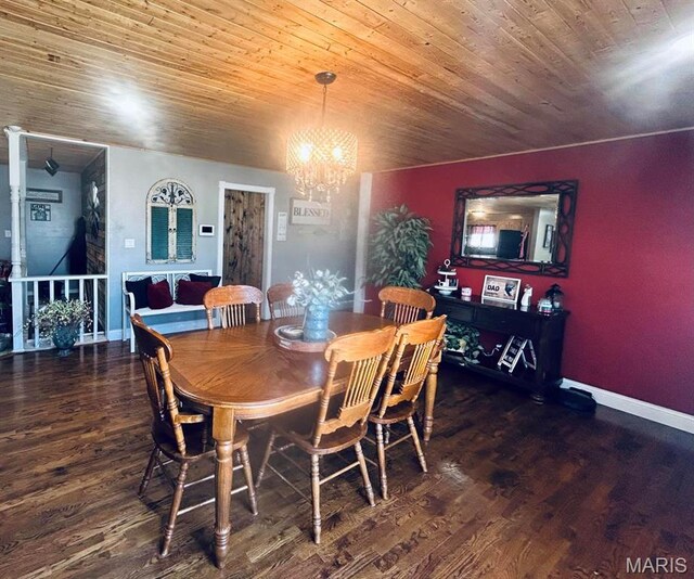 dining space featuring a chandelier, wood finished floors, baseboards, and wooden ceiling