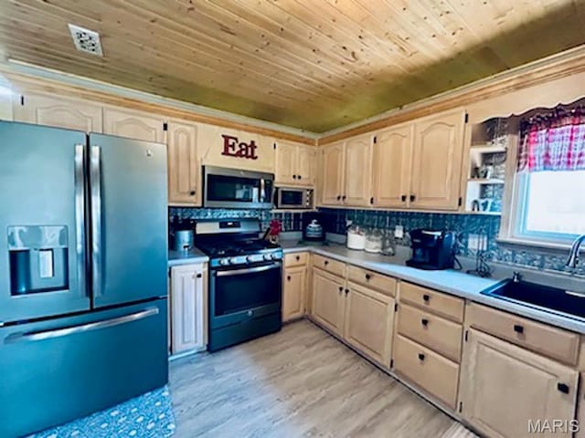 kitchen with stainless steel appliances, a sink, wooden ceiling, decorative backsplash, and light wood-style floors