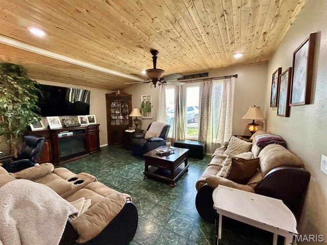 living room with wooden ceiling, ceiling fan, and tile patterned floors