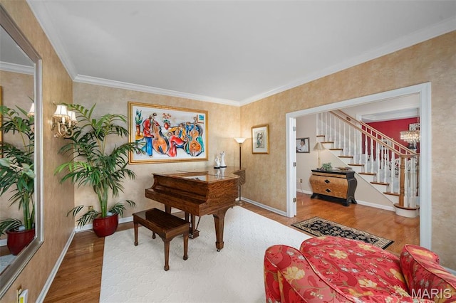 1114 Lockett Rd, Des Peres, MO 63131 - sitting room with wood finished floors, stairway, crown molding, baseboards, and a chandelier