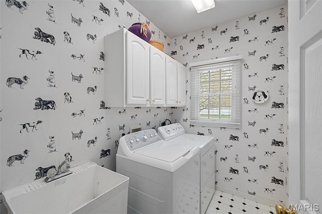 1114 Lockett Rd, Des Peres, MO 63131 - laundry room featuring cabinet space, wallpapered walls, washing machine and dryer, and baseboards