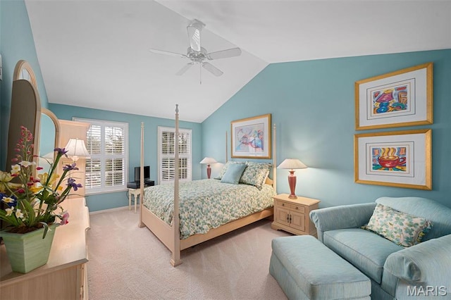1114 Lockett Rd, Des Peres, MO 63131 - bedroom with lofted ceiling, light colored carpet, baseboards, and a ceiling fan