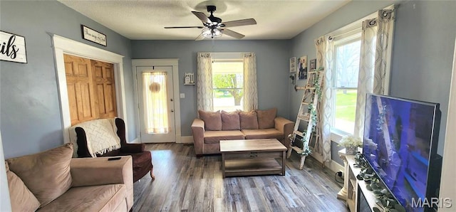530 W Holmes, Chester, IL 62233 - living room featuring wood finished floors, ceiling fan, and baseboards