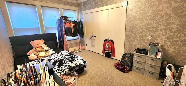 530 W Holmes, Chester, IL 62233 - carpeted bedroom with wallpapered walls, crown molding, and a closet