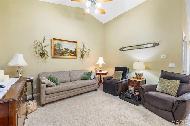 114 Fort Dodge Dr, Wright City, MO 63390 - carpeted living area with ceiling fan and high vaulted ceiling