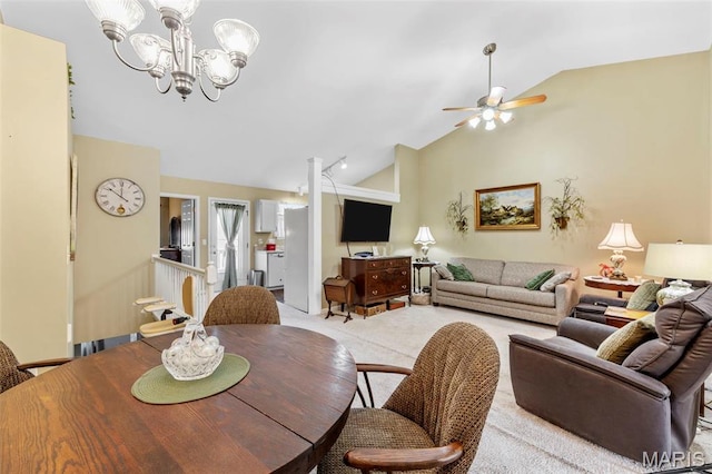 114 Fort Dodge Dr, Wright City, MO 63390 - dining area featuring a chandelier, ceiling fan, light colored carpet, and high vaulted ceiling