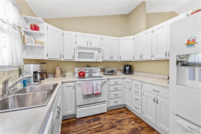 114 Fort Dodge Dr, Wright City, MO 63390 - kitchen with white appliances, lofted ceiling, a sink, light countertops, and open shelves