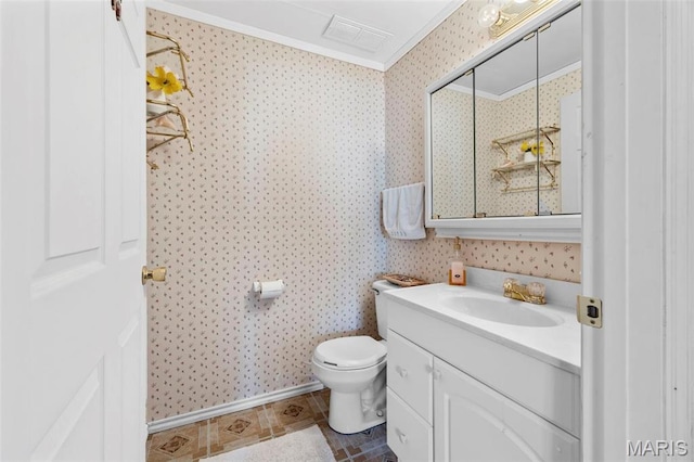 114 Fort Dodge Dr, Wright City, MO 63390 - bathroom featuring ornamental molding, wallpapered walls, vanity, and toilet