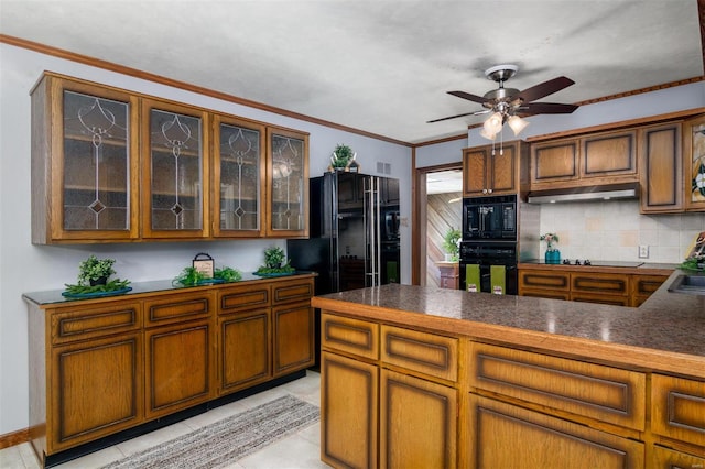 132 S Duncan St, Marine, IL 62061 - kitchen featuring black appliances, under cabinet range hood, decorative backsplash, a ceiling fan, and glass insert cabinets