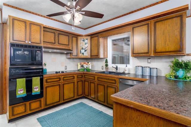 132 S Duncan St, Marine, IL 62061 - kitchen featuring black appliances, a sink, brown cabinetry, and crown molding