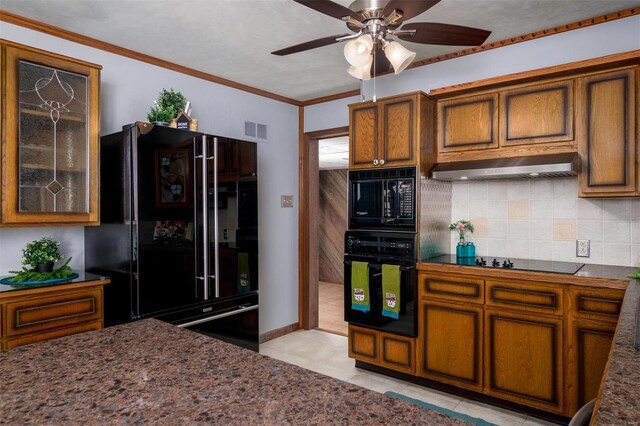 132 S Duncan St, Marine, IL 62061 - kitchen featuring black appliances, brown cabinets, tasteful backsplash, and ornamental molding