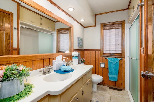 132 S Duncan St, Marine, IL 62061 - full bathroom featuring wainscoting, toilet, double vanity, ornamental molding, and wood walls