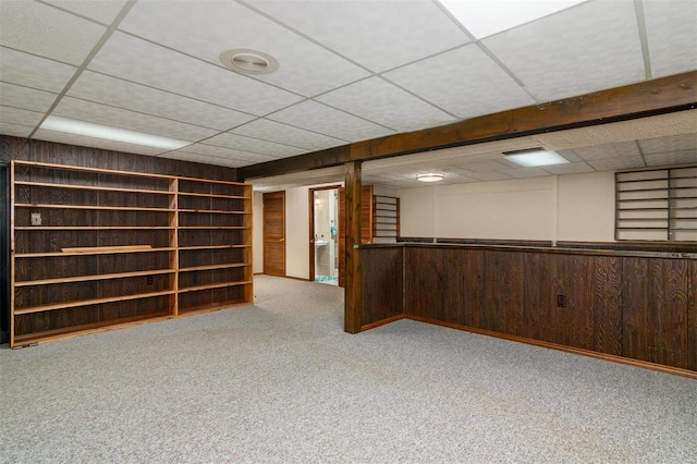 132 S Duncan St, Marine, IL 62061 - finished basement with a paneled ceiling, carpet, wooden walls, and a wainscoted wall