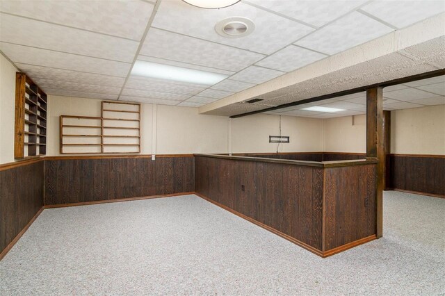 132 S Duncan St, Marine, IL 62061 - bar area featuring wood walls, a drop ceiling, carpet flooring, wainscoting, and built in features