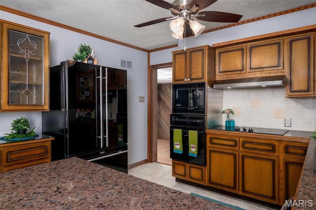 132 S Duncan St, Marine, IL 62061 - kitchen featuring black appliances, brown cabinetry, backsplash, and crown molding