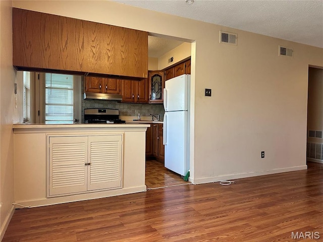 8736 Santa Bella Dr Unit G, Hazelwood, MO 63042 - kitchen with freestanding refrigerator, gas range, under cabinet range hood, wood finished floors, and baseboards