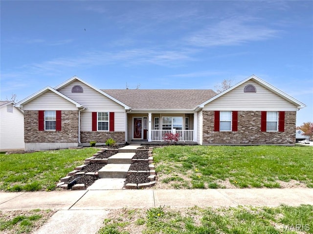 1 Pine Forest Ct, Dardenne Prairie, MO 63368 - ranch-style home featuring brick siding, covered porch, and a front lawn