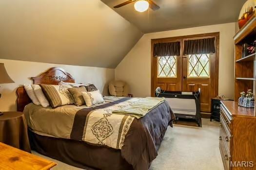 762 Crider Ln, Union, MO 63084 - bedroom featuring light colored carpet, lofted ceiling, and a ceiling fan