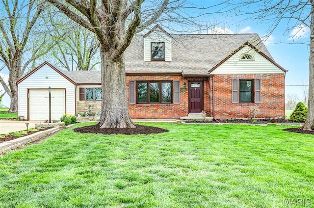 765 Pottery Tower Ln, Washington, MO 63090 - view of front of house with an attached garage, brick siding, driveway, a front yard, and a shingled roof