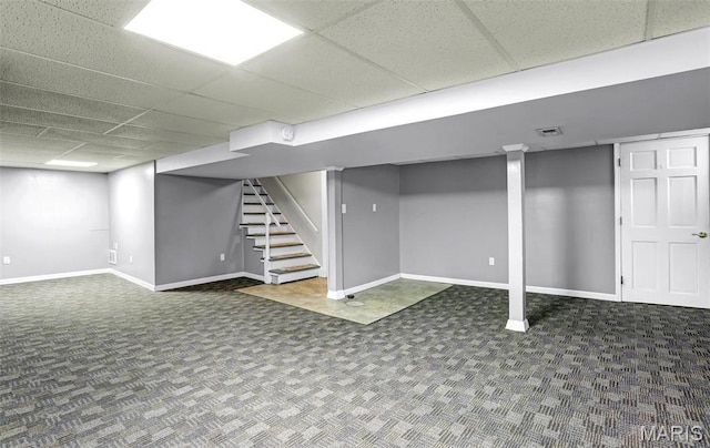 765 Pottery Tower Ln, Washington, MO 63090 - finished basement featuring carpet, a drop ceiling, baseboards, and stairs