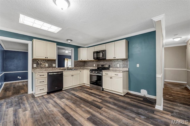 1064 Pinecone Trl, Florissant, MO 63031 - kitchen with dishwashing machine, stainless steel gas stove, black microwave, crown molding, and decorative backsplash