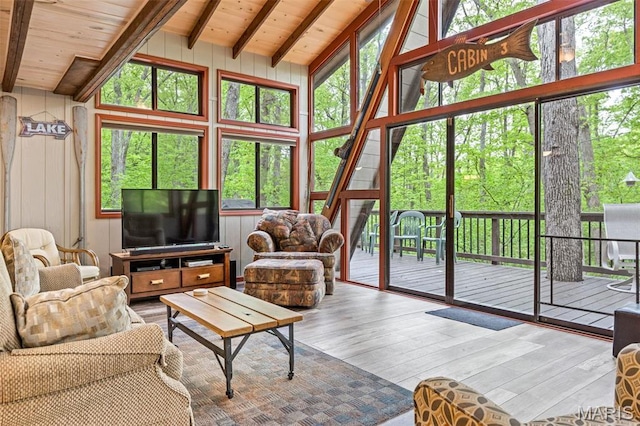 living room with wood finished floors, beamed ceiling, wooden ceiling, high vaulted ceiling, and wood walls