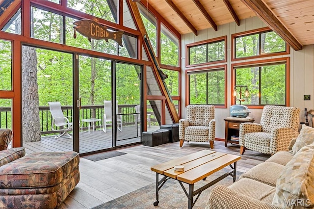 living room featuring wood ceiling, beamed ceiling, high vaulted ceiling, and wood finished floors